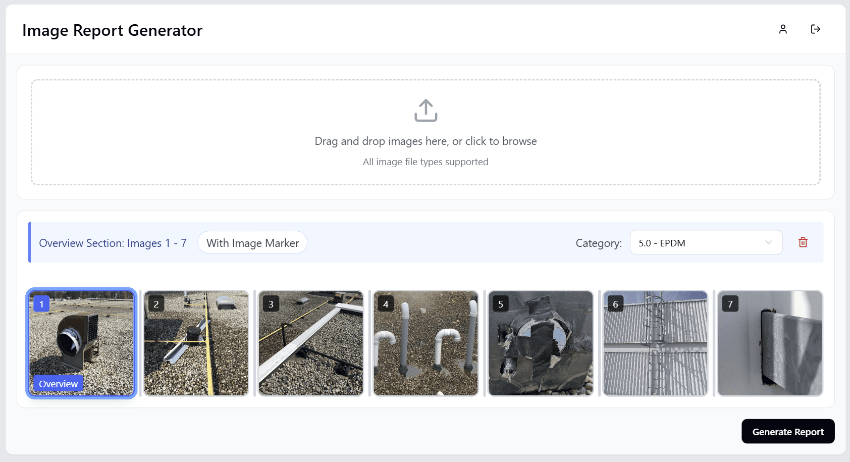 Image Report Generator interface showing uploaded construction images