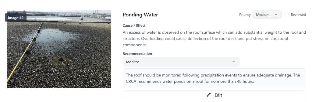 Ponding water inspection view with confidence scores and analysis